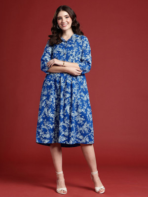 ANOUK Women Fit and Flare Blue Midi/Calf Length Dress