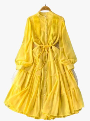 Barmaanic Women Asymmetric Yellow Above Knee/Mid Thigh Length Dress