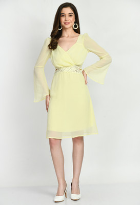 Avyola Women A-line Yellow Above Knee/Mid Thigh Length Dress
