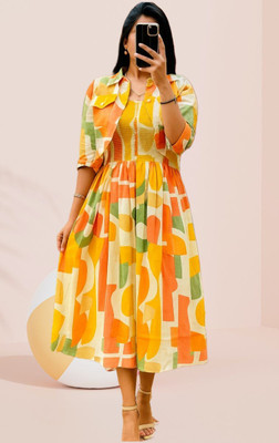Avnienterprisea Women Fit and Flare Orange Midi/Calf Length Dress