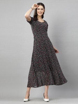 AAYU Women Fit and Flare Black, Red Maxi/Full Length Dress