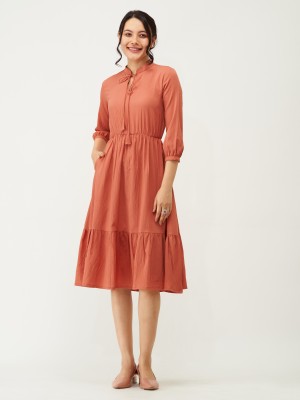 AASK Women Fit and Flare Orange Dress