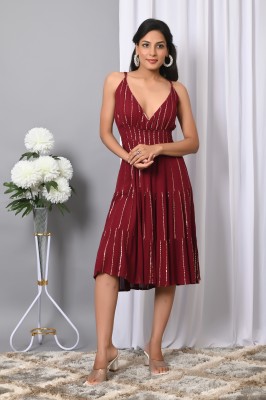 VYMO Women A-line Maroon Dress