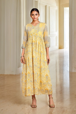 soch Women Fit and Flare Yellow, Blue, White Midi/Calf Length Dress