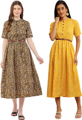 Miranga Women Fit and Flare Yellow, Black Midi/Calf Length Dress