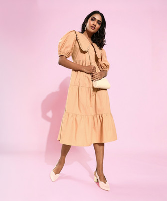 ATHENA Women Fit and Flare Beige Midi/Calf Length Dress