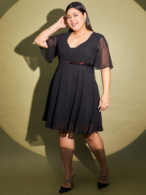 CURVE BY KASSUALLY Women Fit and Flare Black Midi/Calf Length Dress