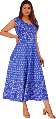 DADUDAYAL EXPORT Women Gown Blue, White Midi/Calf Length Dress
