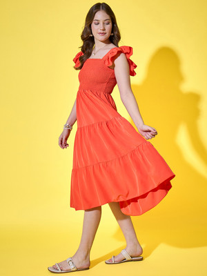 DIMPY GARMENTS Women Fit and Flare Orange Maxi/Full Length Dress