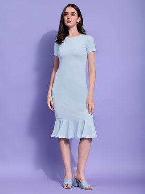 MILOST Women Bodycon Light Blue Below Knee Dress