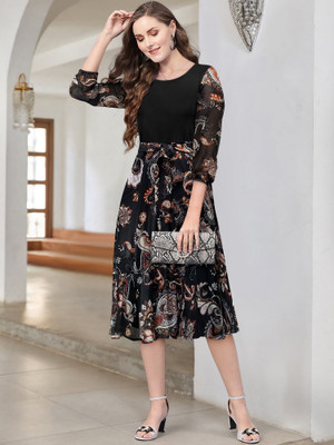 Toochki Women Fit and Flare Black Midi/Calf Length Dress
