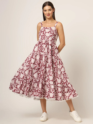 DIVENA Women Fit and Flare Maroon Midi/Calf Length Dress