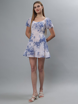 etraana Women Fit and Flare White Above Knee/Mid Thigh Length Dress