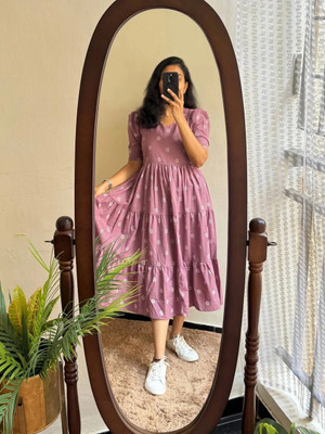 BLOOMORAA FASHION Women Fit and Flare Purple Midi/Calf Length Dress