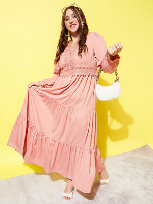 Berrylush Curve Women A-line Pink Maxi/Full Length Dress