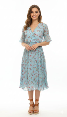 eNub Women Fit and Flare Blue Knee Length Dress