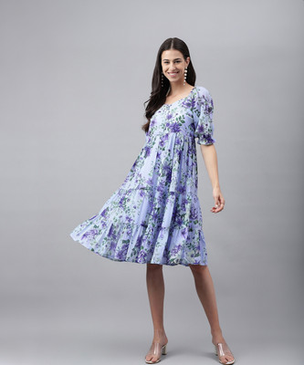 Janasya Women Fit and Flare Pink Below Knee Dress