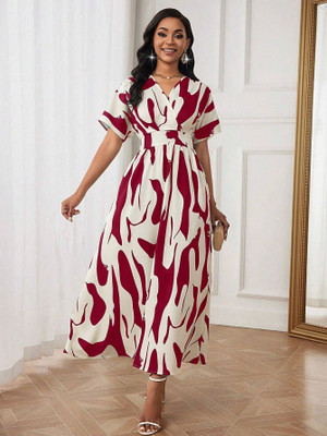 Leriya Fashion Women Fit and Flare White, Red Midi/Calf Length Dress