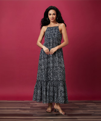 Globus Women A-line Dark Blue, White Maxi/Full Length Dress