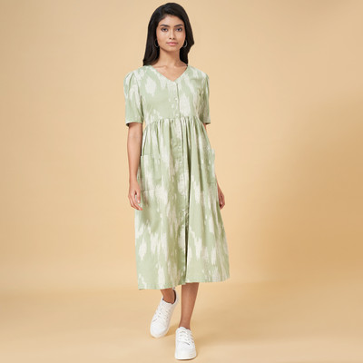Akkriti by Pantaloons Women A-line Light Green, White Midi/Calf Length Dress