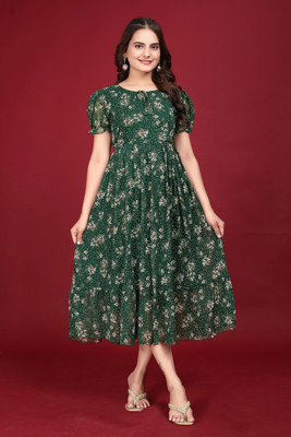 HouseOfCommon Women Fit and Flare Multicolor, Green Midi/Calf Length Dress