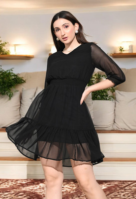 HouseOfCommon Women Fit and Flare Black Above Knee/Mid Thigh Length Dress