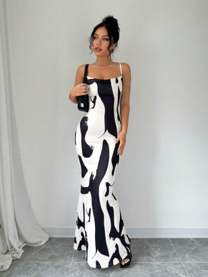 Caozynest Women Bodycon Black, White Ankle Length Dress