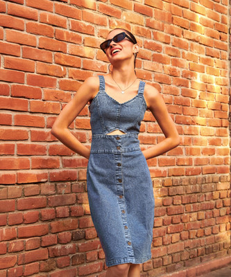 SASSAFRAS Women A-line Blue Knee Length Dress