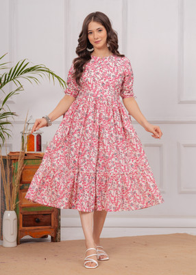 Twirl Tales Women A-line Pink, Grey Midi/Calf Length Dress
