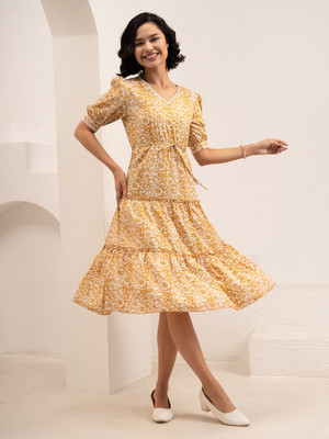 AASK Women Fit and Flare Yellow Midi/Calf Length Dress