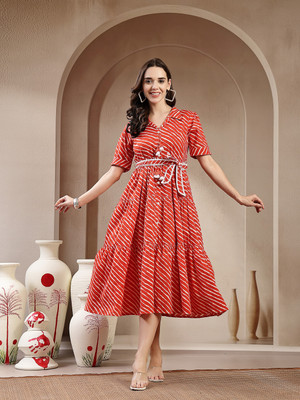 Stylum Women Tiered Orange Midi/Calf Length Dress