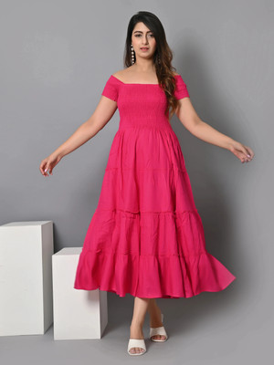 IQRAAR Women Fit and Flare Pink Midi/Calf Length Dress