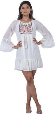 TSM Women Fit and Flare White Above Knee/Mid Thigh Length Dress