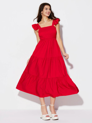 DIMPY GARMENTS Women A-line Red Midi/Calf Length Dress