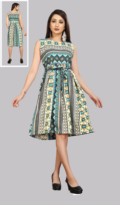 Hiral Creation Women Fit and Flare Green Knee Length Dress