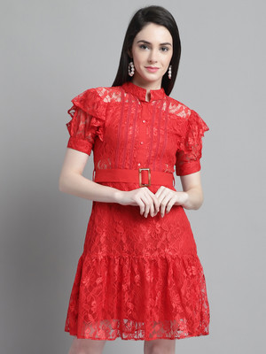 MARC LOUIS Women Fit and Flare Red Above Knee/Mid Thigh Length Dress