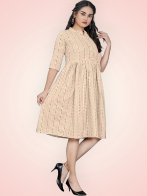Rangrasiyt Women A-line Beige Knee Length Dress