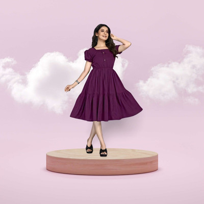HouseOfCommon Women A-line Purple Below Knee Dress