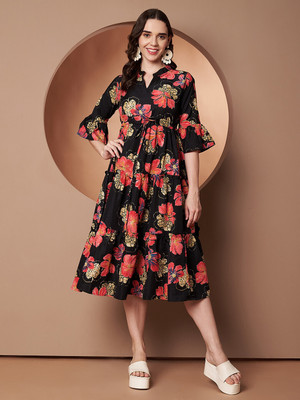 ZWERLON Women A-line Black, Red Midi/Calf Length Dress