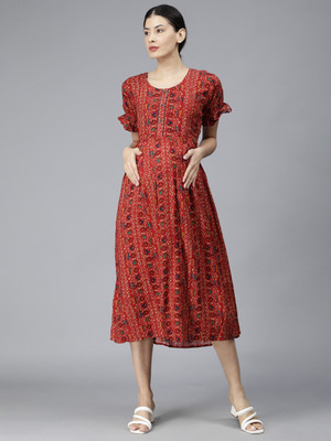 Nightspree Women Fit and Flare Multicolor Midi/Calf Length Dress
