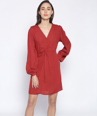 OXOLLOXO Women A-line Red Above Knee/Mid Thigh Length Dress