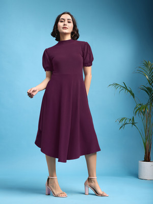 PURVAJA Women Asymmetric Maroon Knee Length Dress