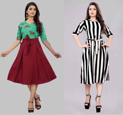 Hiral Creation Women A-line Multicolor Midi/Calf Length Dress