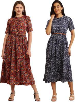 Mamnoon Women Fit and Flare Pink, Purple Midi/Calf Length Dress