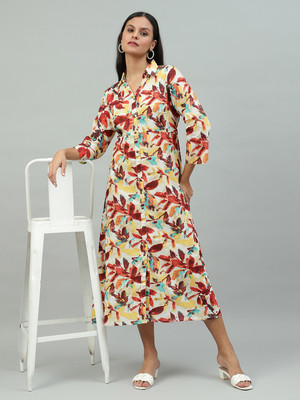 FLAMBOYANT Women A-line Yellow Midi/Calf Length Dress