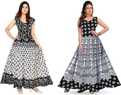 RADHA RANI COLLECTION Women A-line Dark Blue, Green Maxi/Full Length Dress