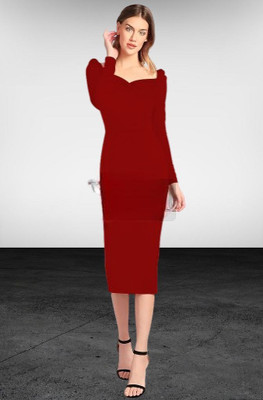 Ladiikway Women Bodycon Maroon Below Knee Dress