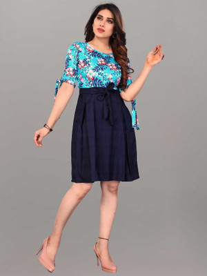 Threadhunter Women Fit and Flare Blue Knee Length Dress