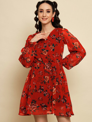 TREND ARREST Women A-line Red Above Knee/Mid Thigh Length Dress