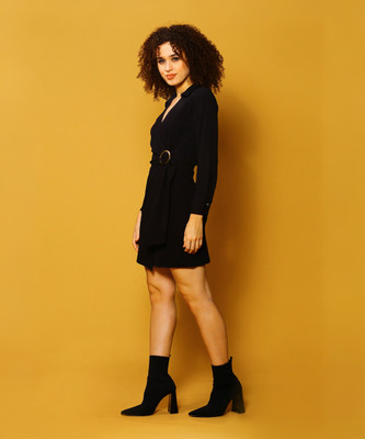 Sera Women Fit and Flare Black Above Knee/Mid Thigh Length Dress